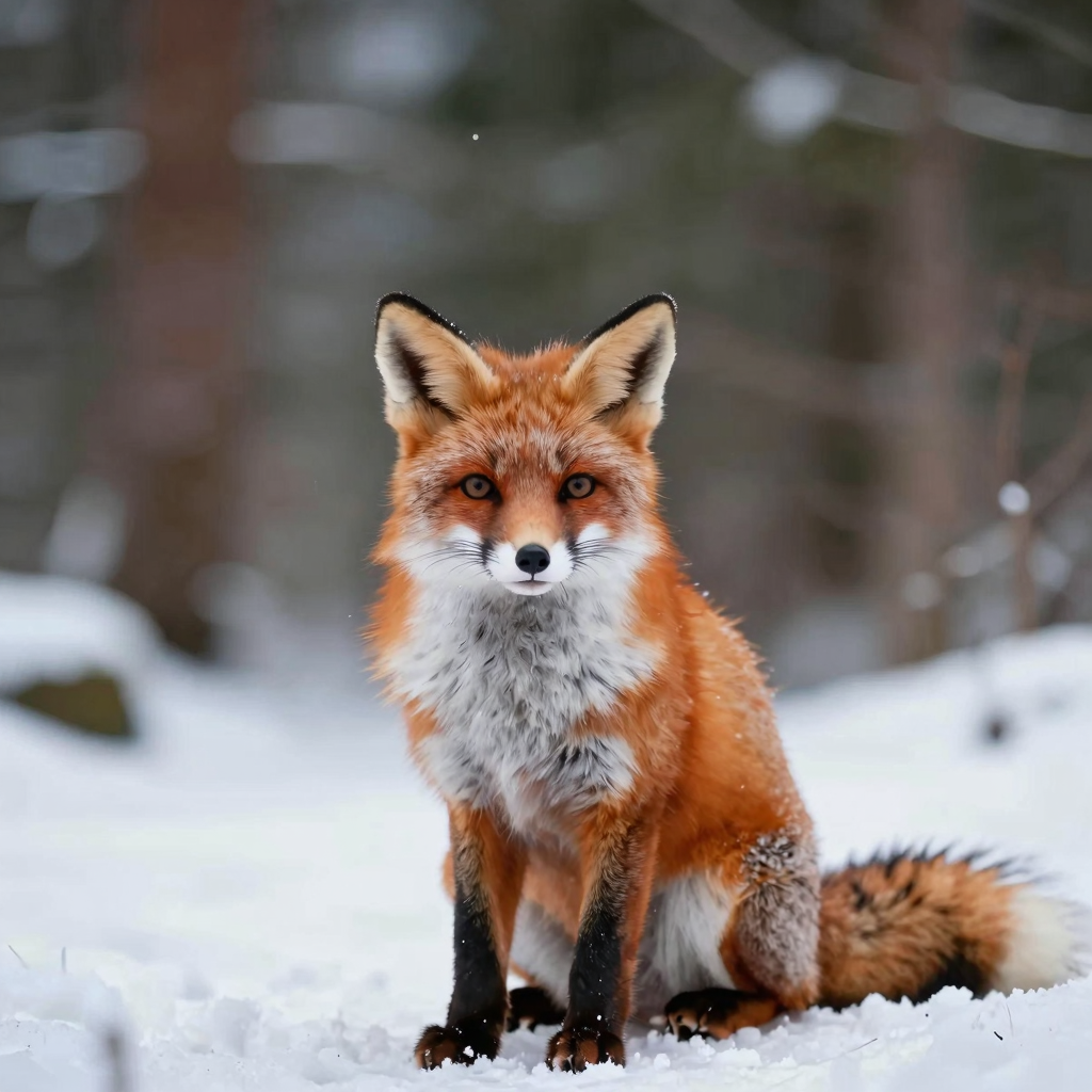 a cute orange fox sitting in a snowy forest, cinematic