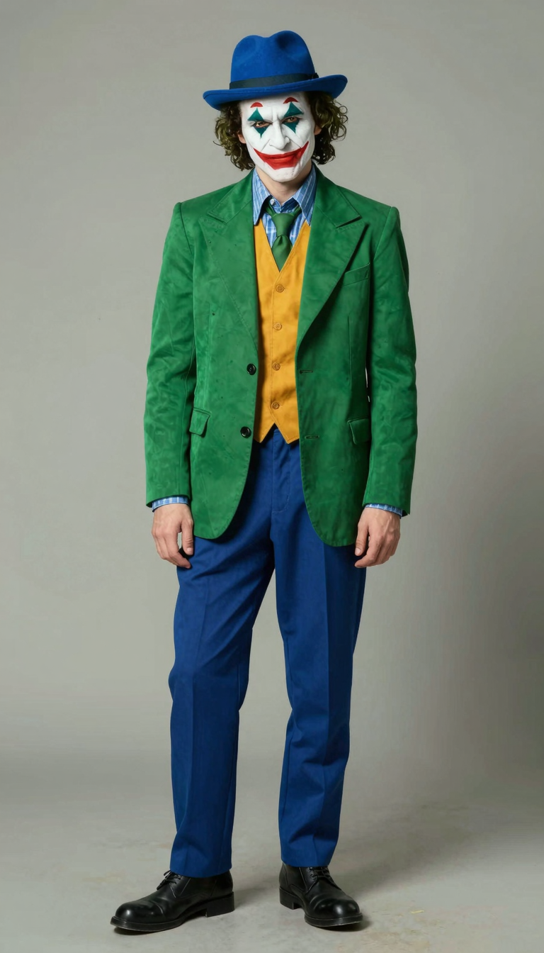 the joker with a blue hat, green jacket, blue pants and black shoes.