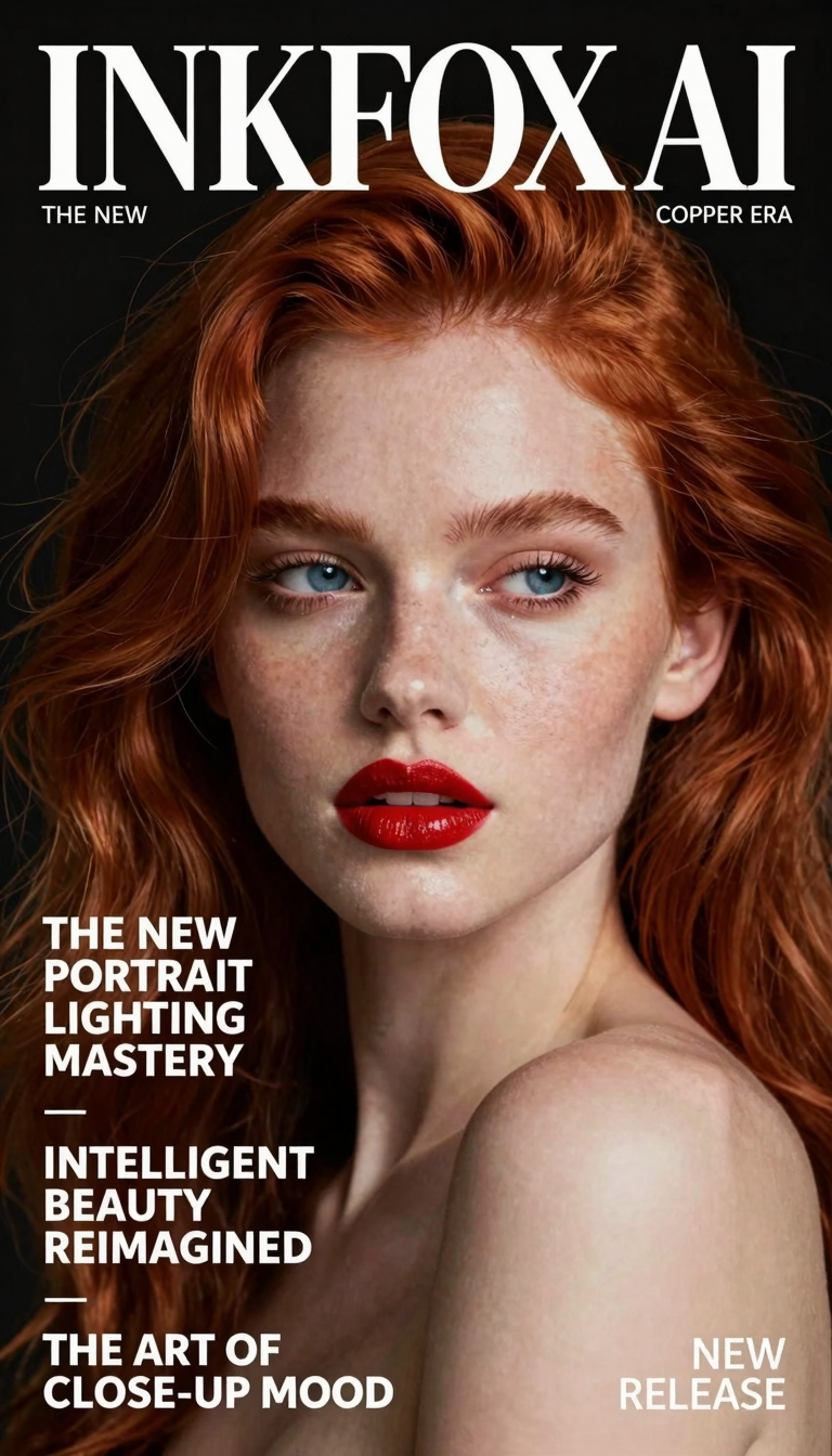 A premium Inkfox AI magazine cover portrait of a copper-haired young m