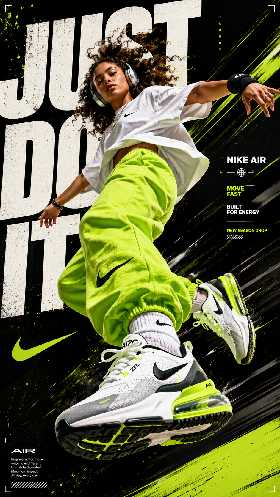 Create a high-impact vertical fashion sports poster for a Nike-style s