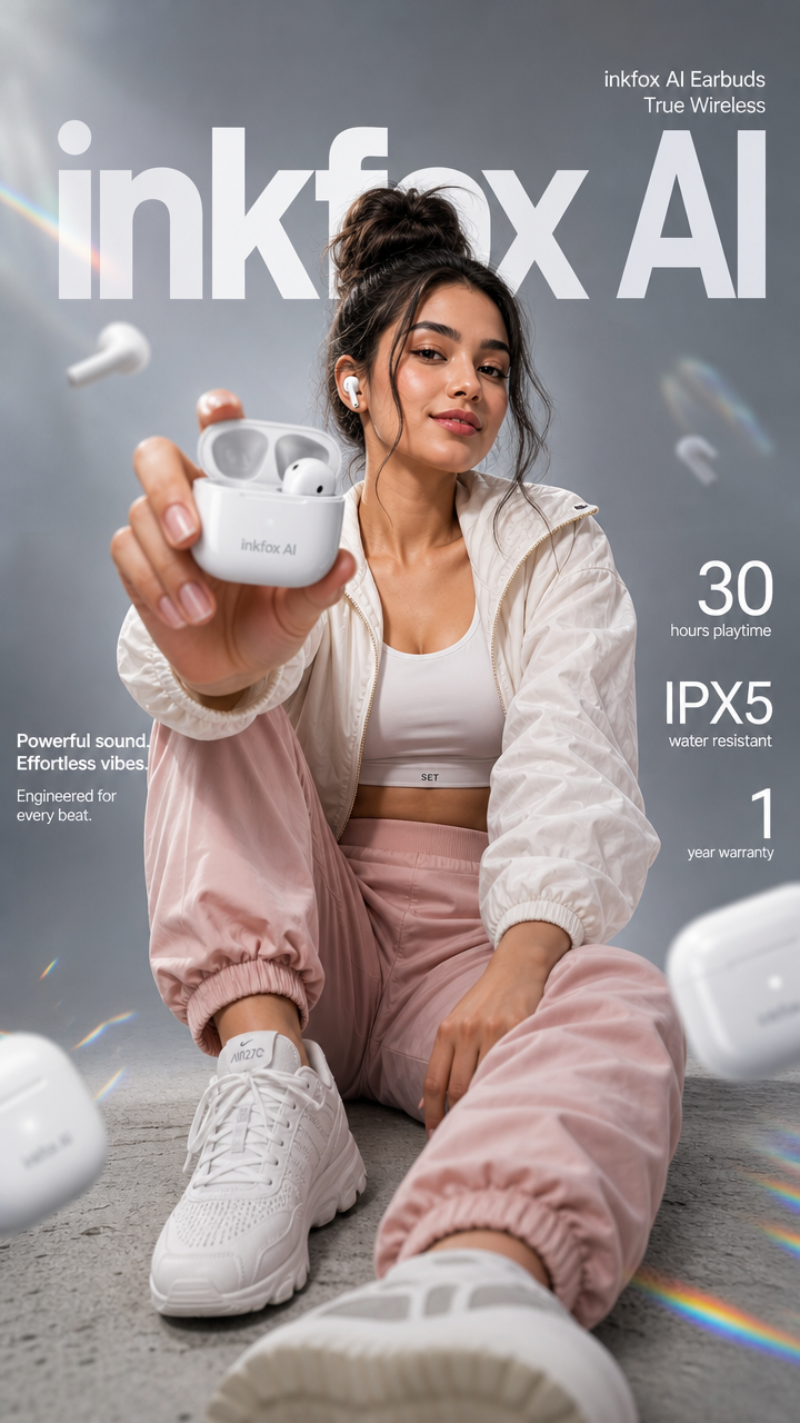 Create a premium e-commerce poster for “inkfox AI True Wireless Earbud
