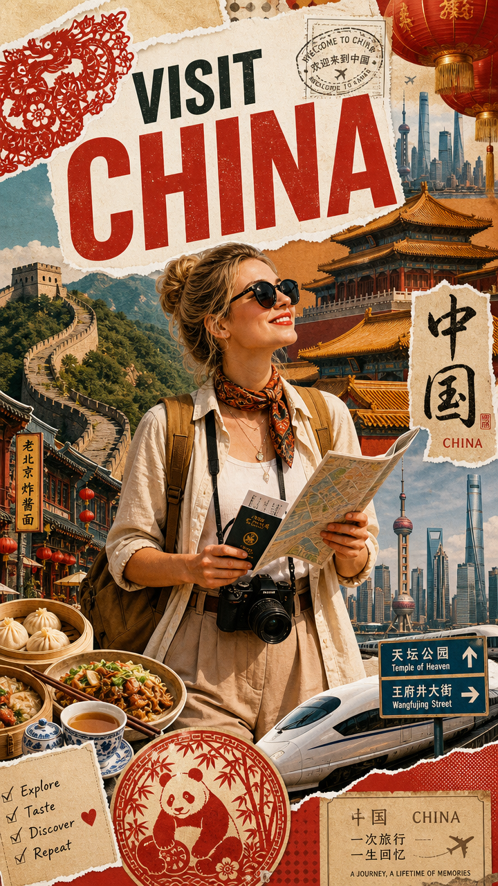 Create a stylized travel poster / graphic collage for CHINA.
The main