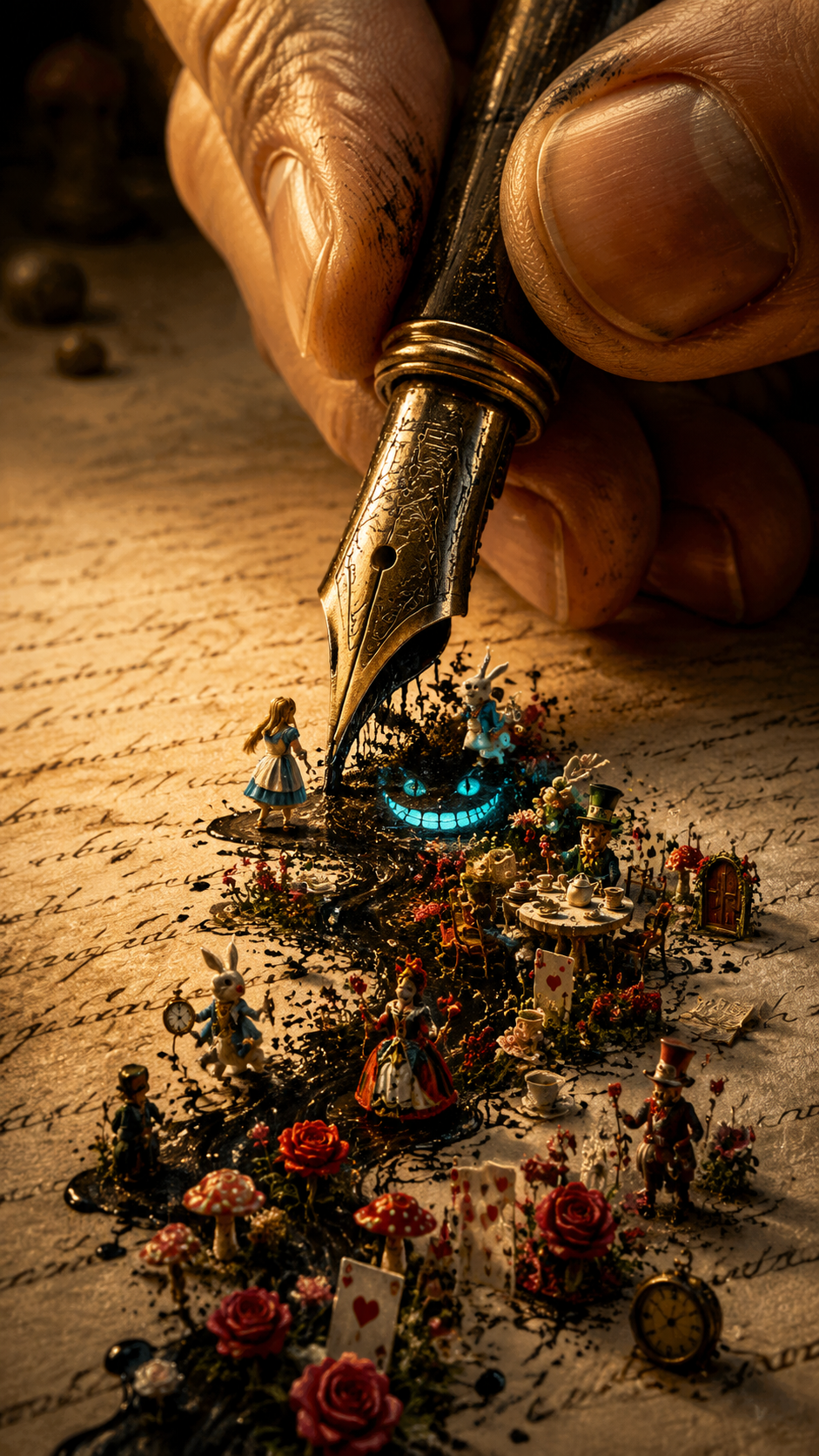 A colossal hand gripping an enormous vintage fountain pen, captured in