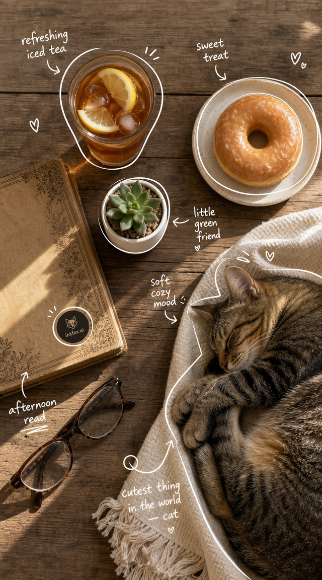 Create a cozy top-down flat lay lifestyle poster for “inkfox ai”.
Sce