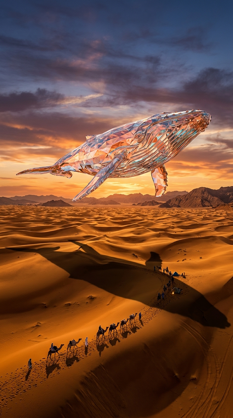 A giant glass whale drifting over a desert at sunset, tiny travelers f
