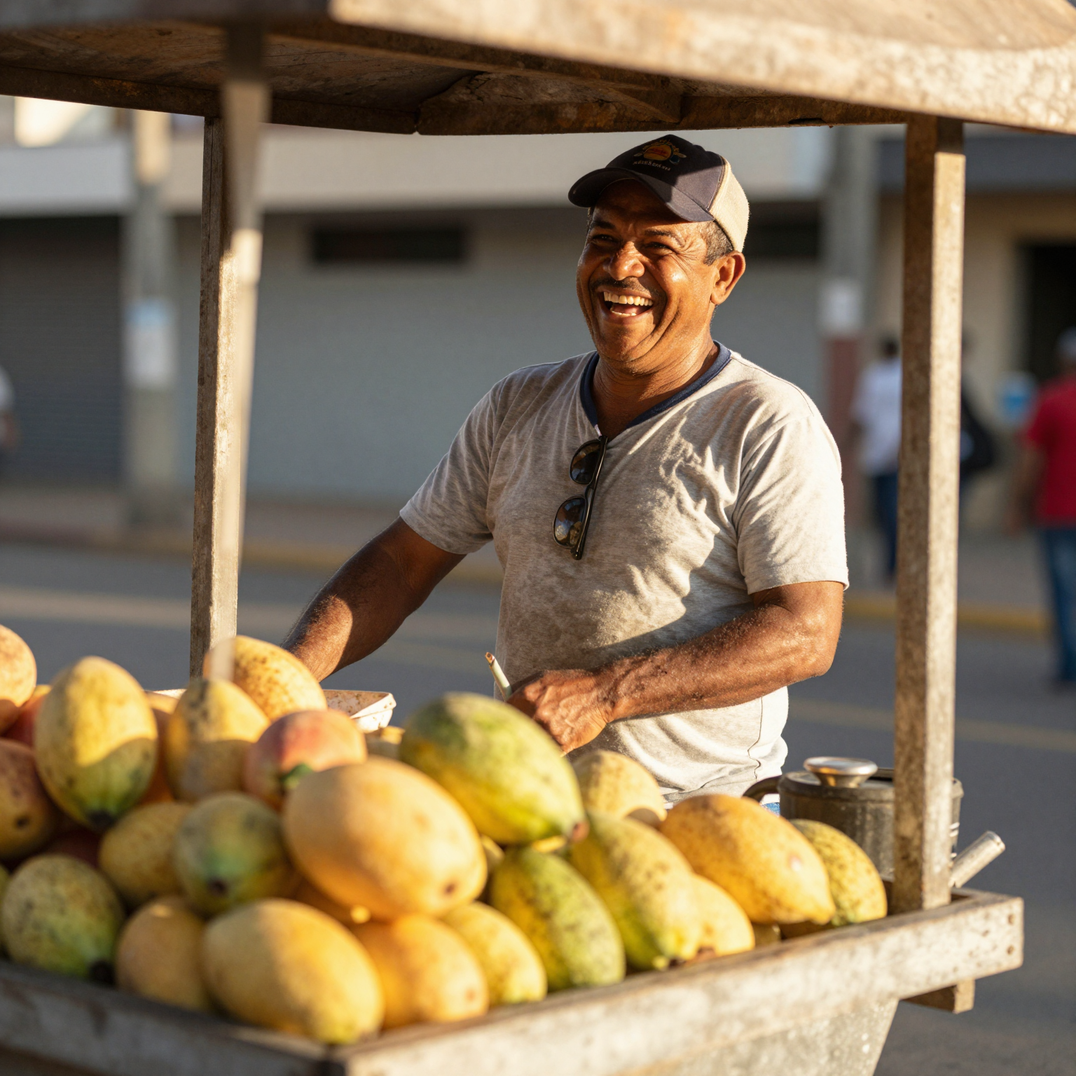 A joyful Brazilian street vendor laughing behind a fruit cart, golden