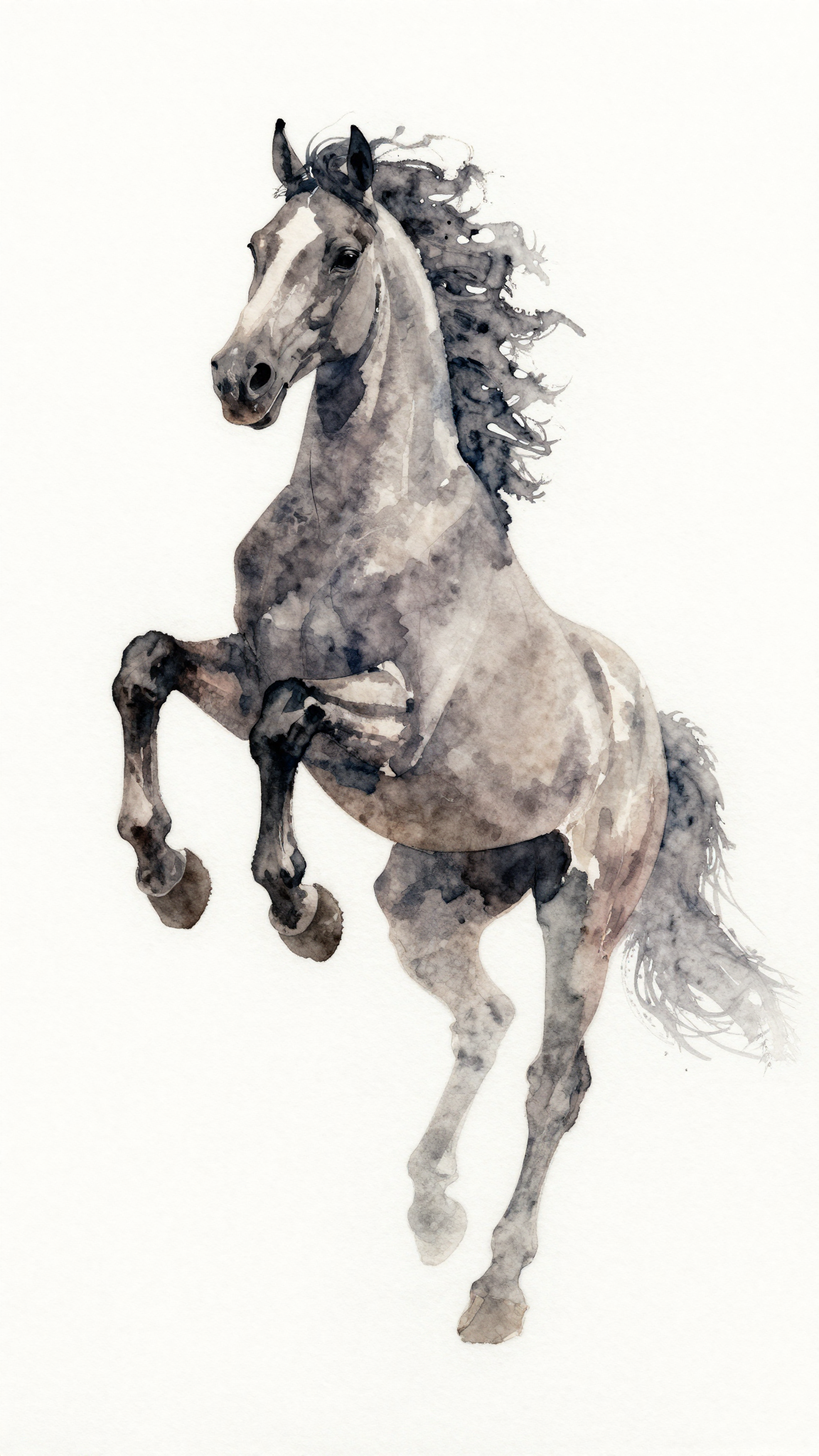 A flowing watercolor splash forming the shape of a galloping horse, lo
