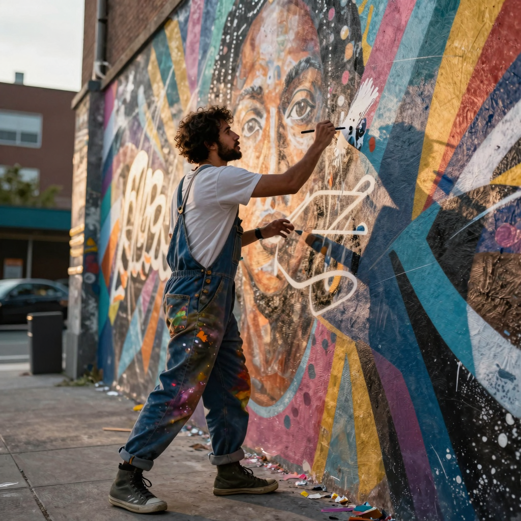 A candid shot of a street artist mid-stroke on a giant city mural, pai