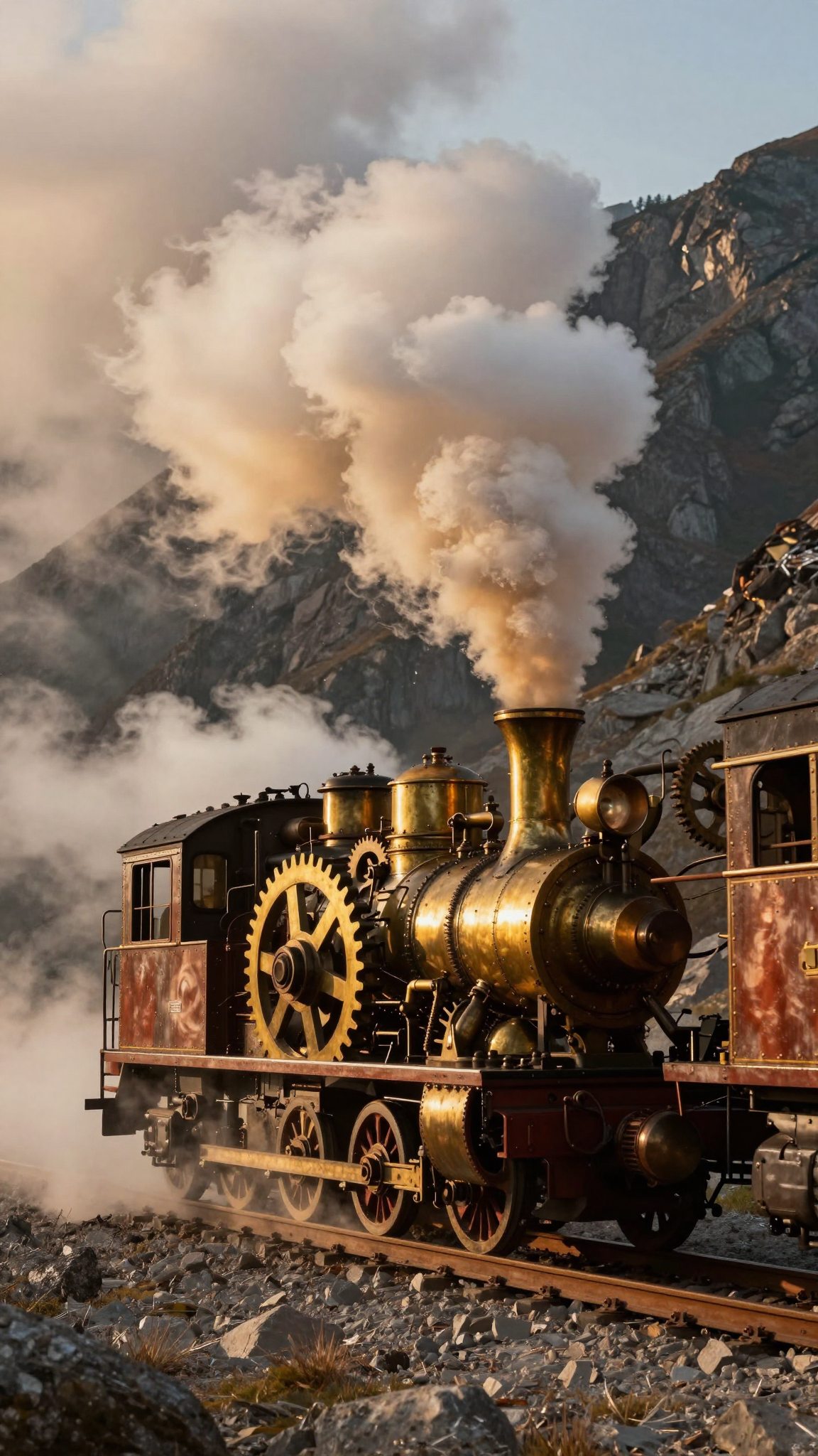 A steampunk locomotive billowing brass-tinted steam through a mountain